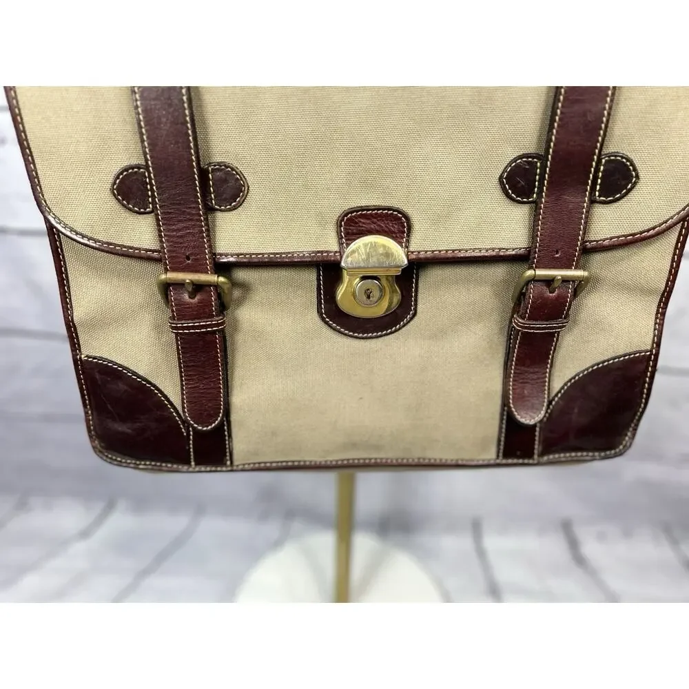 Vtg Holland Khaki Battenkill Canvas Saddle Leather Briefcase Messenger Bag USA